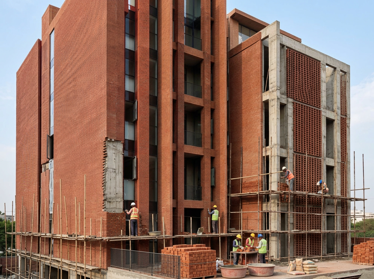 Athens site during exposed brick installation